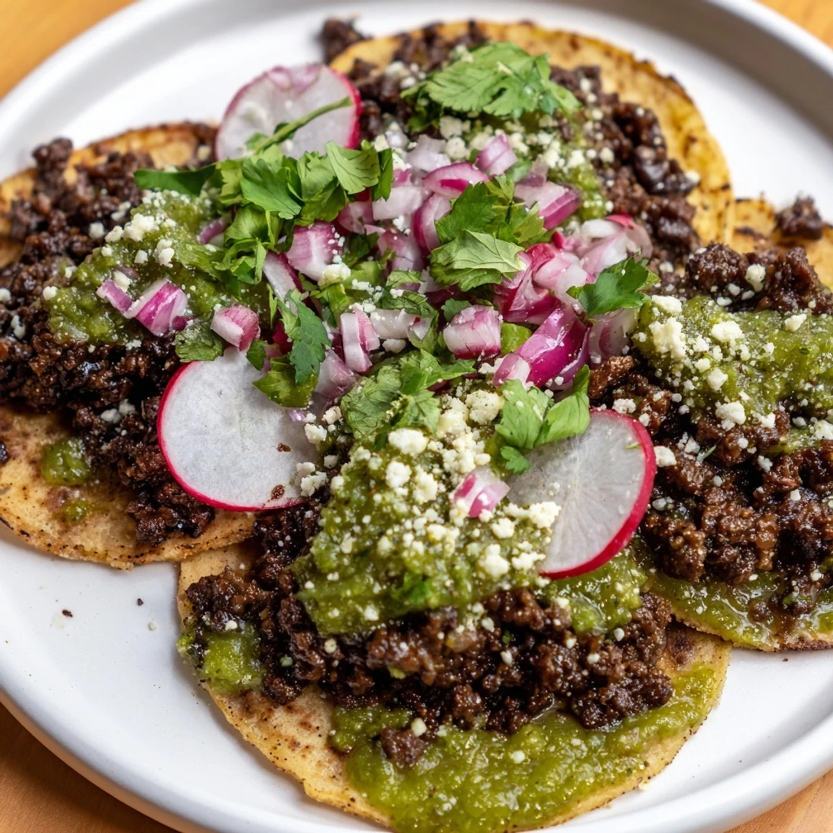 Golden-brown spicy beef tacos with salsa verde garnish on a rustic wooden table, vibrant green sauce and fresh cilantro.