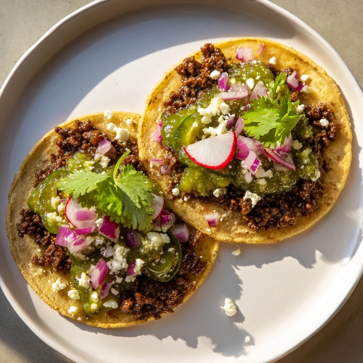 Freshly assembled spicy beef tacos with salsa verde, lime wedges and diced red onion on a colorful kitchen counter.