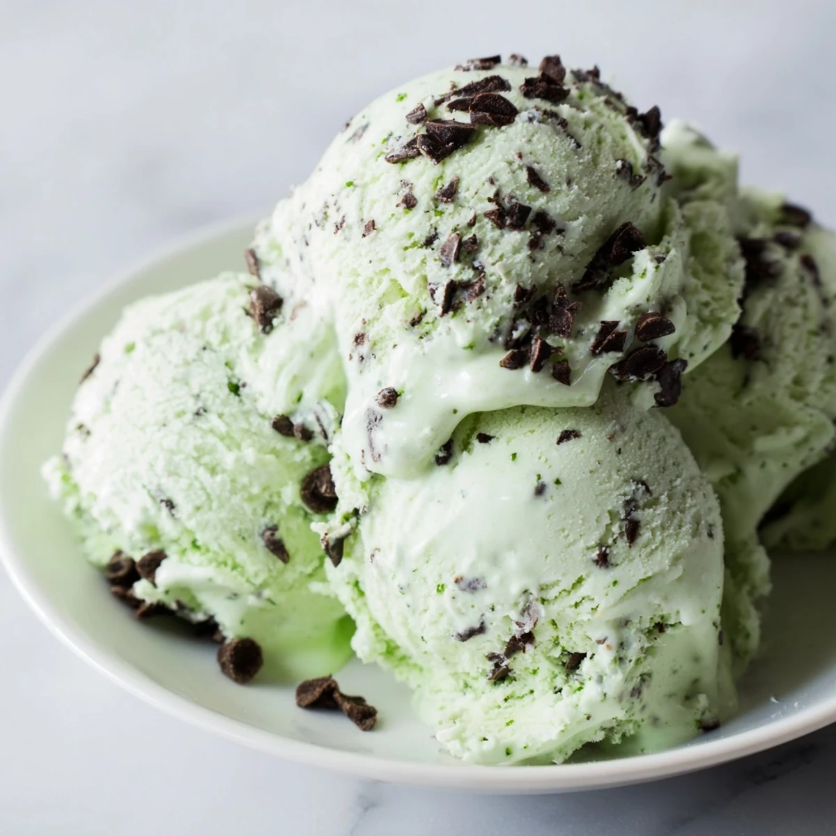A close-up of creamy homemade Green Mint Chocolate Chip Ice Cream in a chilled glass bowl, with glossy chocolate chips peeking through the pale green scoop.