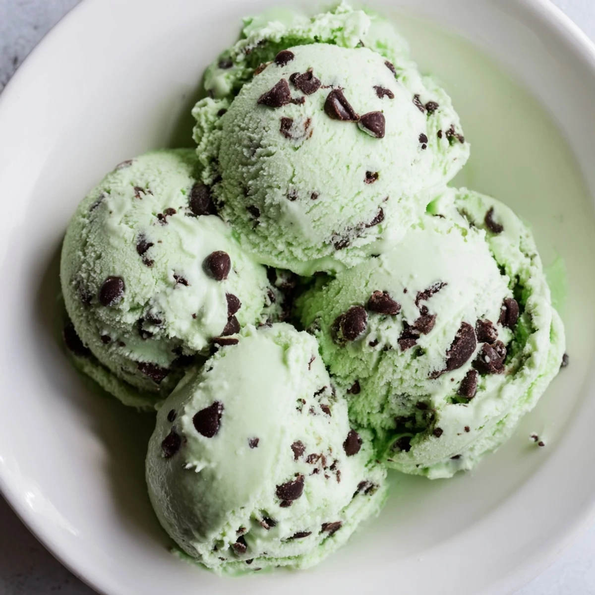 Scoops of fresh Green Mint Chocolate Chip Ice Cream served in a vintage waffle cone, a mint sprig garnish beside it on a striped napkin.
