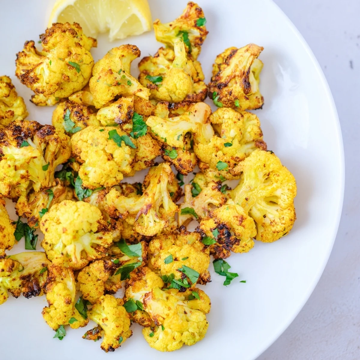 Golden roasted cauliflower florets coated in turmeric and cumin, garnished with cilantro and lemon wedges on a platter.