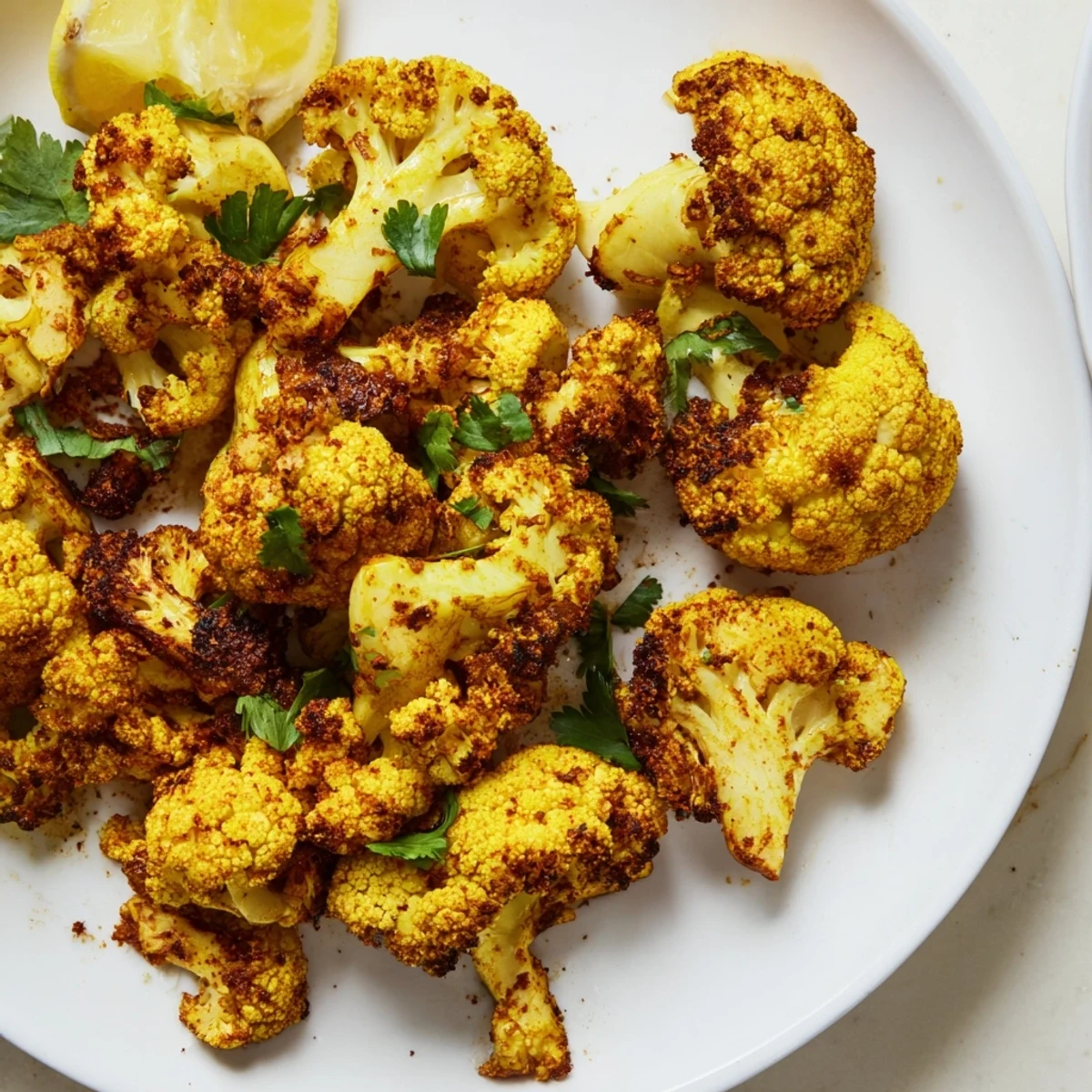 A close-up of roasted cauliflower with turmeric and cumin, showing crispy edges and a vibrant yellow-orange spice blend.