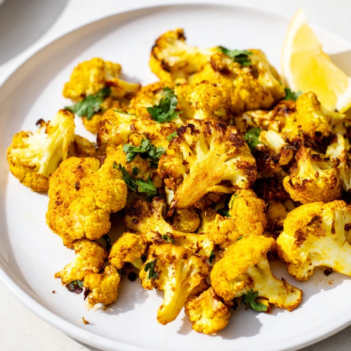 Perfectly roasted cauliflower with turmeric and cumin, served as a vegan side dish with fresh lemon and herbs.