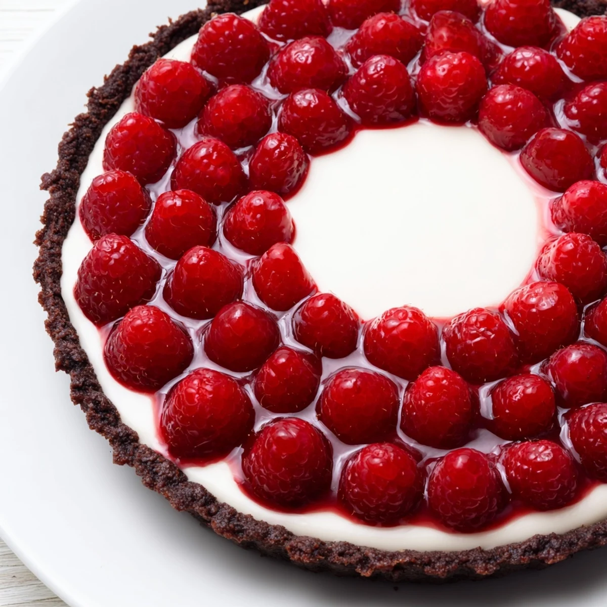 A close-up of a Chocolate Raspberry Tart with Pastry Cream on a white plate, showing juicy red berries and a glossy chocolate drizzle.