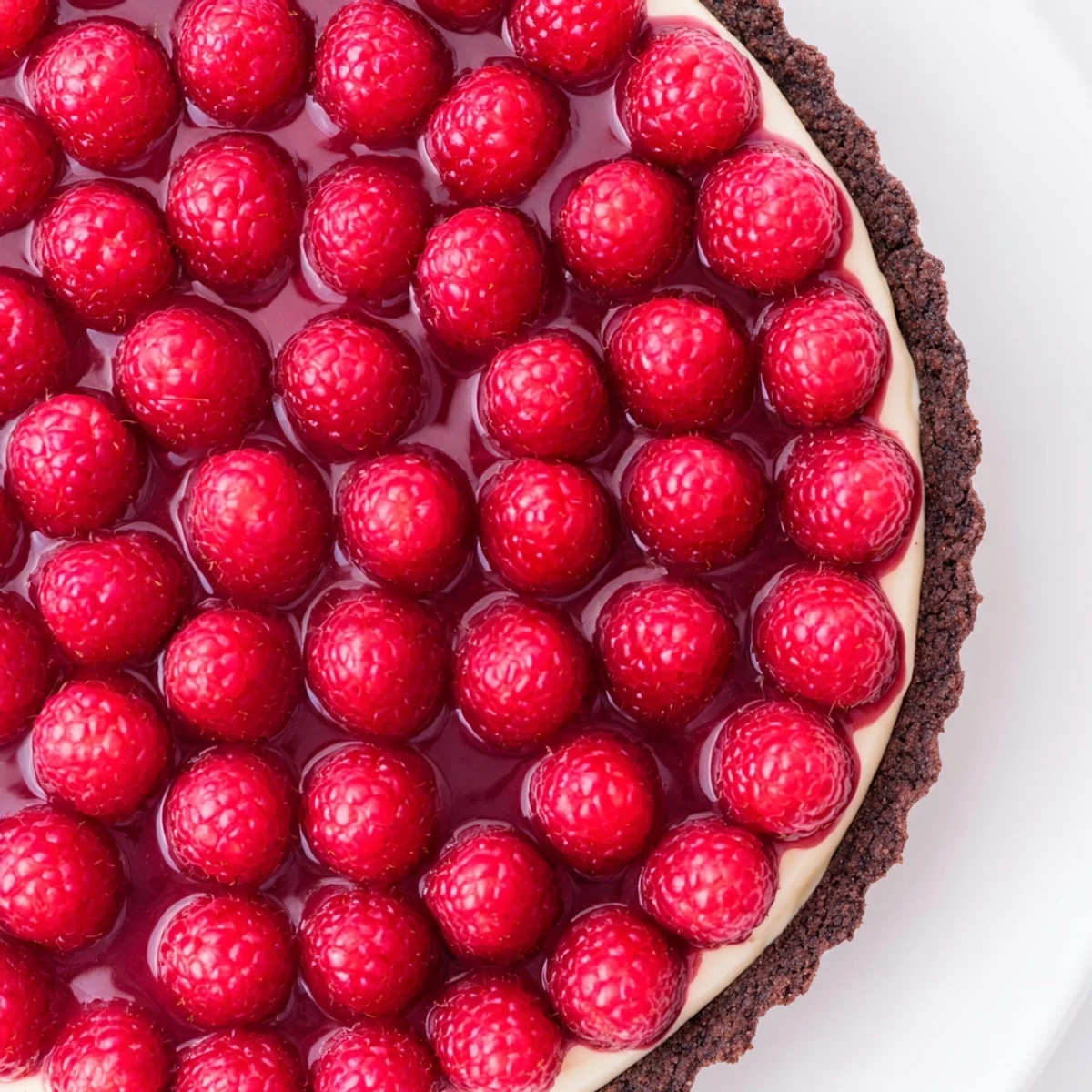 The sliced Chocolate Raspberry Tart reveals a creamy vanilla pastry cream filling inside its dark chocolate crust, with raspberries on top.
