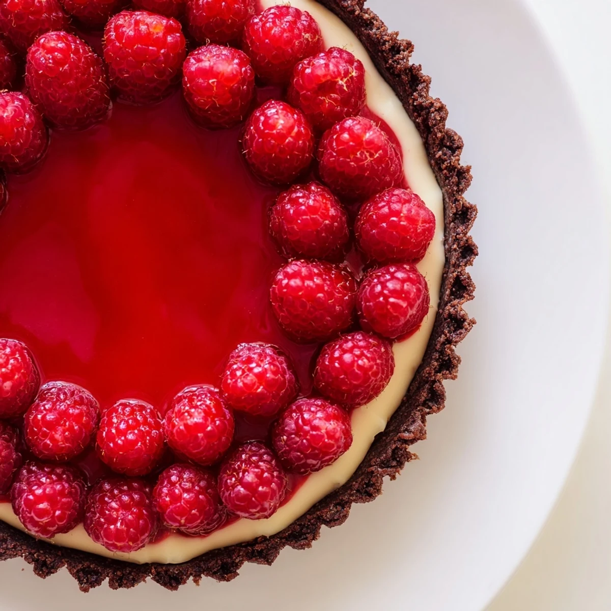 Serve a rich Chocolate Raspberry Tart with Pastry Cream for dessert, garnished with fresh berries and a light dusting of powdered sugar.