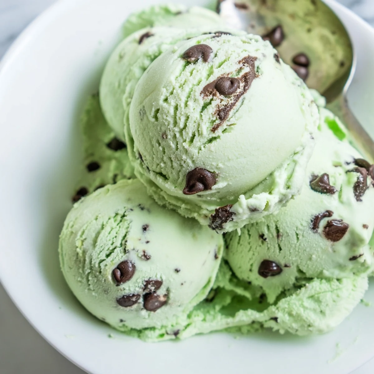 A scoop of green mint chocolate chip ice cream in a waffle cone topped with chocolate shavings.