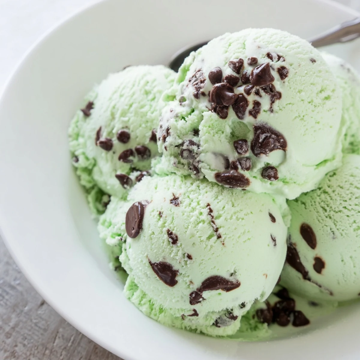 A creamy green mint chocolate chip ice cream served in clear glass cups with drizzled chocolate sauce.