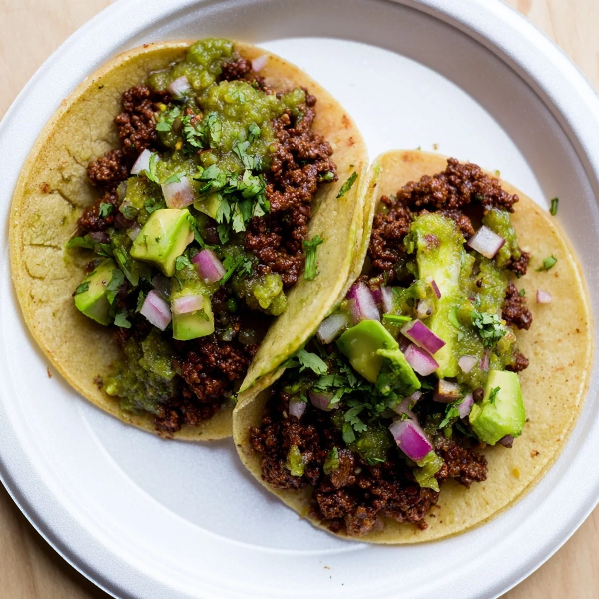 A close-up of Spicy Beef Tacos with Salsa Verde, featuring juicy ground beef and vibrant green tomatillo sauce.