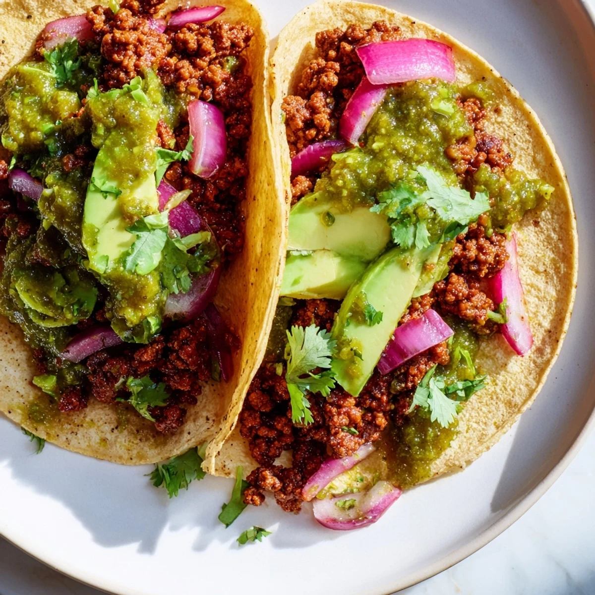 Spicy Beef Tacos with Salsa Verde are topped with fresh avocado and red onion on warm corn tortillas.