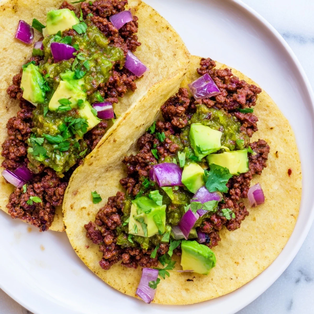 Serving suggestion for Spicy Beef Tacos with Salsa Verde, garnished with cilantro and lime wedges for zest.