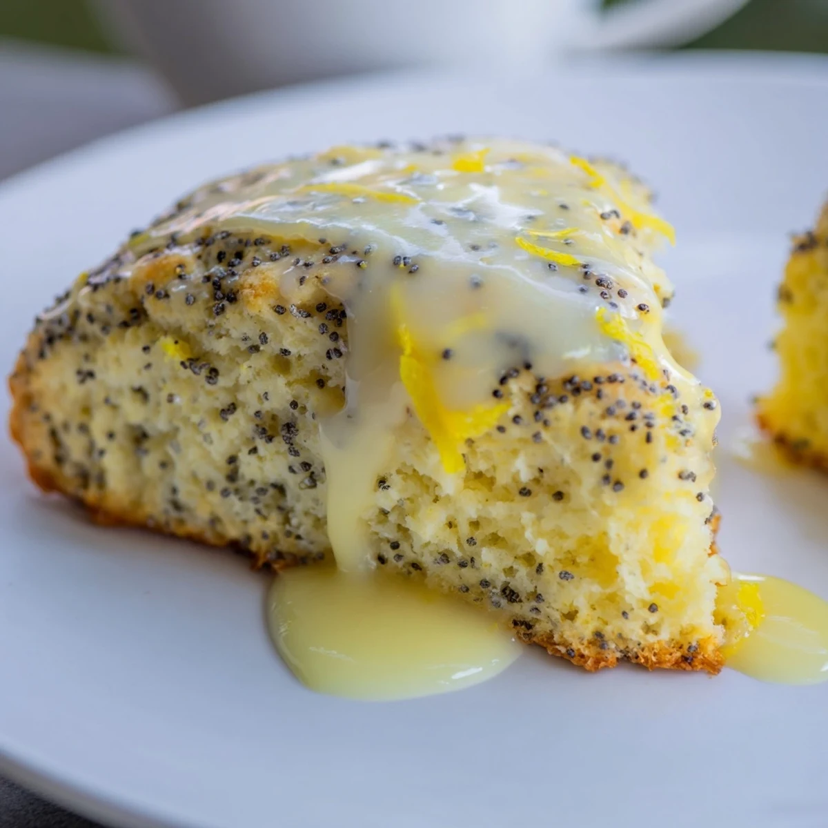Close-up of warm Lemon Poppy Seed Scones with crumbly texture and tangy glaze for breakfast.