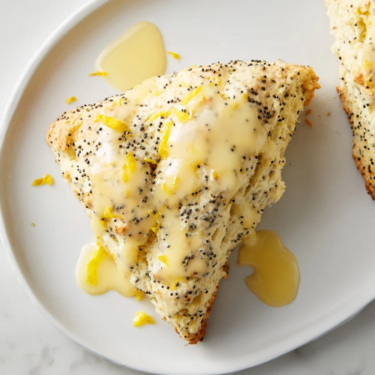 Golden Lemon Poppy Seed Scones with white glaze served on a plate with lemon zest garnish.