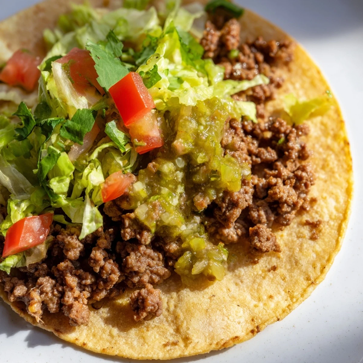 Warm corn tortillas cradle spicy seasoned beef, topped with vibrant salsa verde and fresh veggies. Spicy Beef Tacos with Salsa Verde are ready to serve.