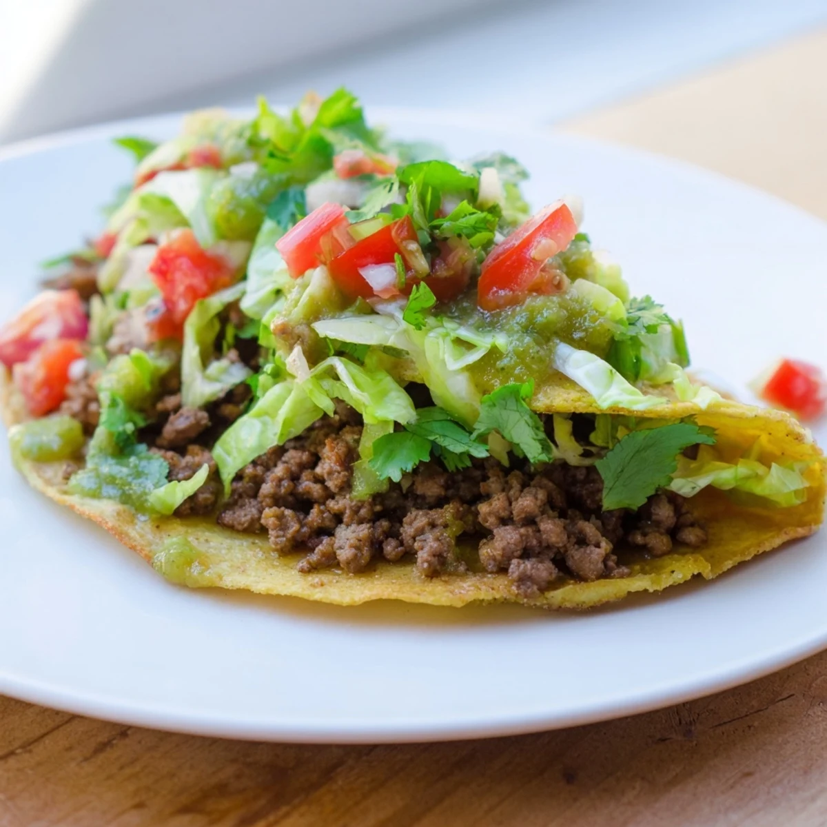 Juicy ground beef mixture and zesty green salsa verde garnish these delicious Spicy Beef Tacos with Salsa Verde for a festive meal.
