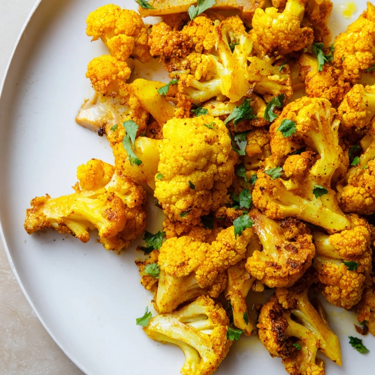 Golden roasted cauliflower with turmeric and spices sits steaming on a white platter, garnished with fresh cilantro.