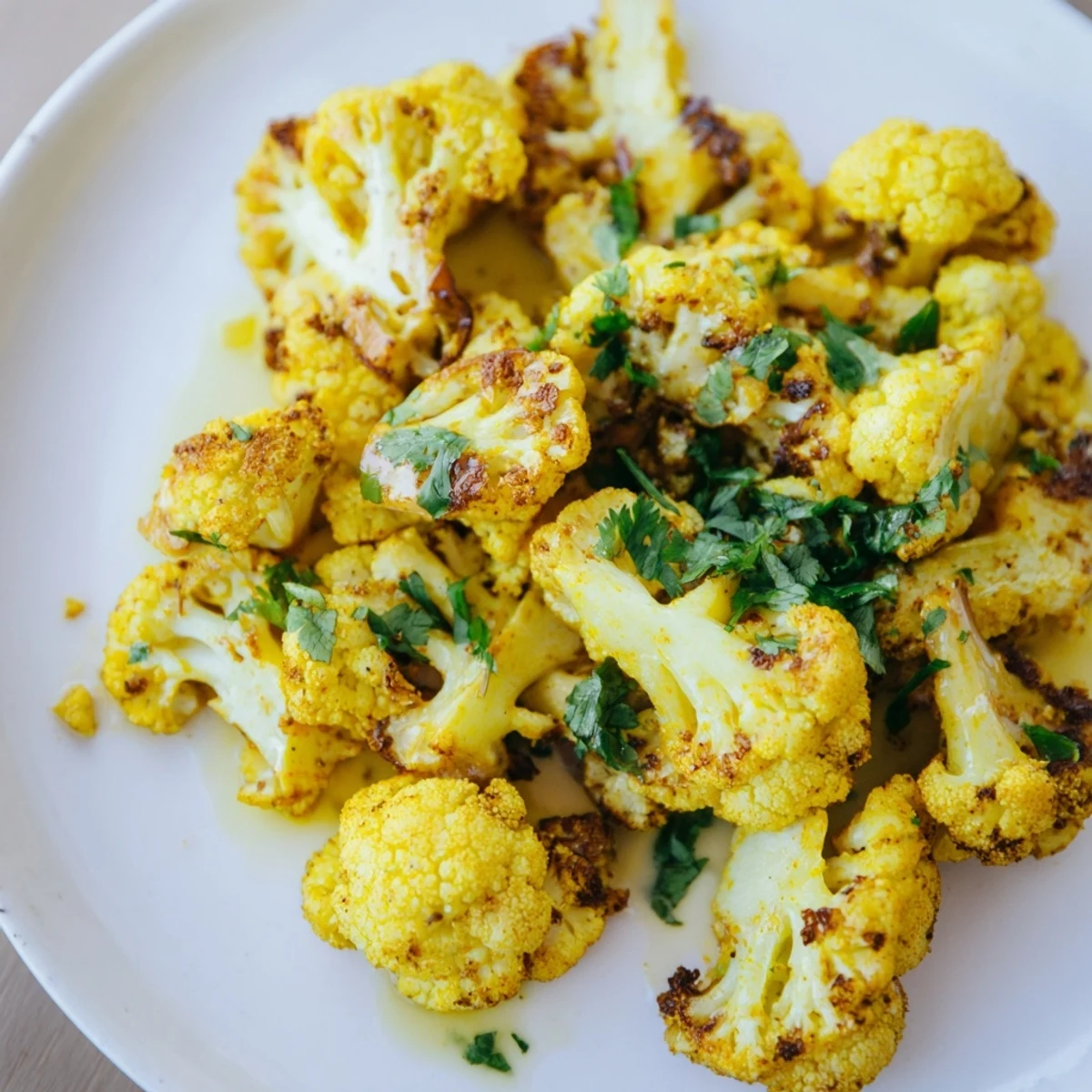Colorful roasted cauliflower with turmeric and spices is served warm alongside grilled tofu or chicken for a complete meal.