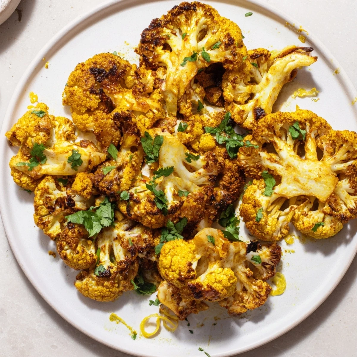 Roasted cauliflower with turmeric and cumin glows golden on a baking sheet with crispy edges and lemon drizzle.