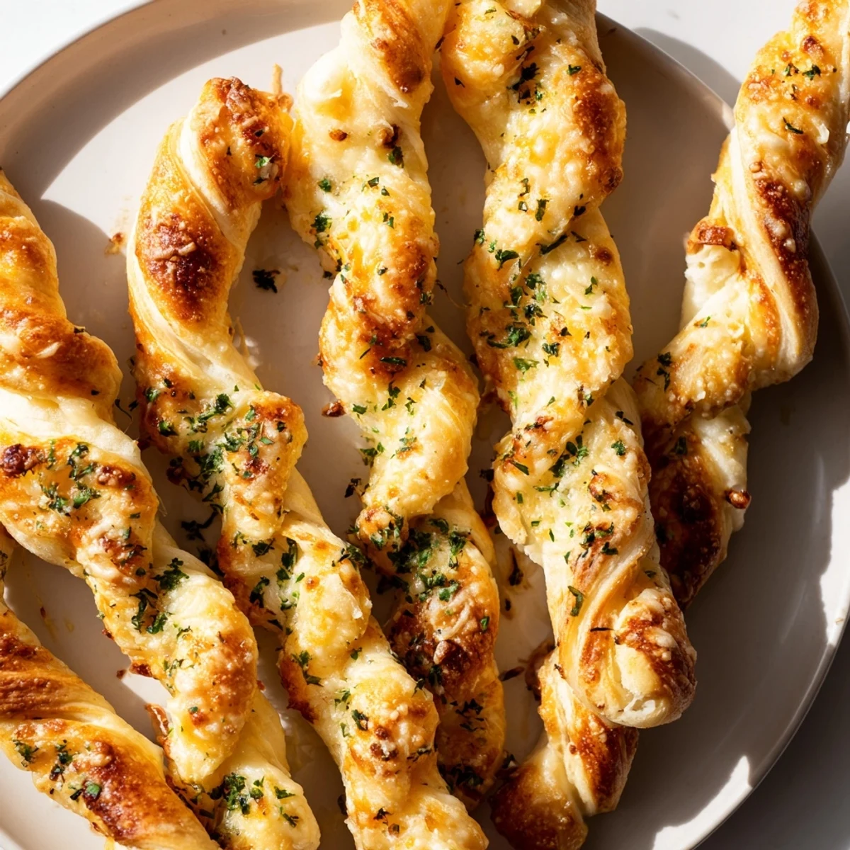 Freshly made Crispy Air Fryer Pizza Cheese Bread Twists, brushed with garlic butter and herbs, served warm on a rustic table.