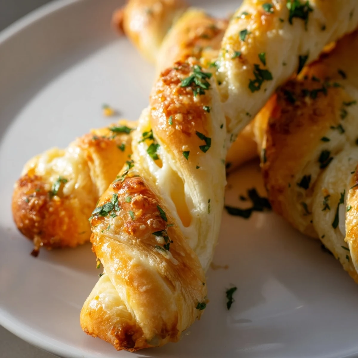 Crispy Air Fryer Pizza Cheese Bread Twists arranged on a platter with marinara sauce for dipping, showcasing golden, crunchy edges.