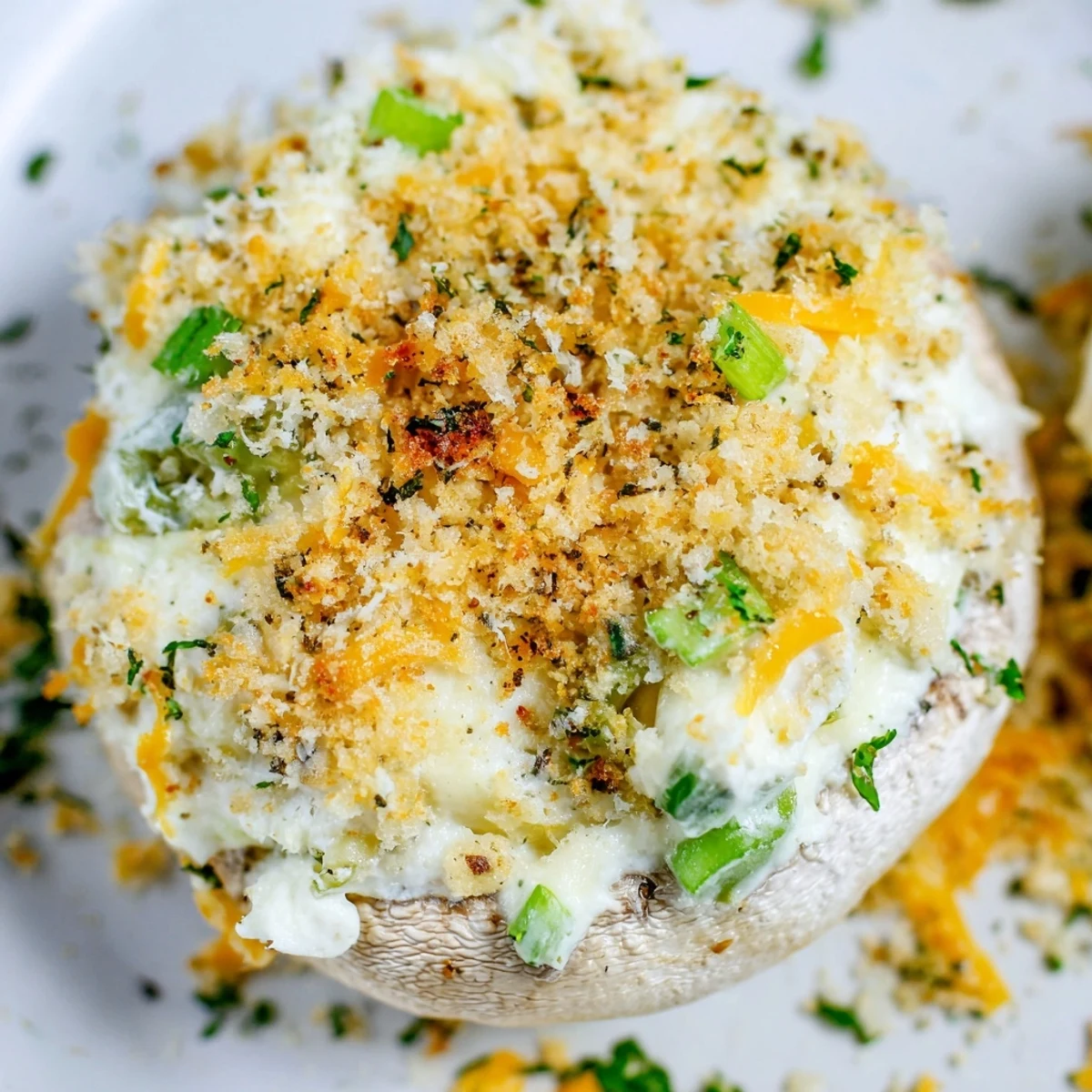 Golden brown Mozzarella Popper Stuffed Mushrooms baked to cheesy perfection on a rustic wooden serving platter.