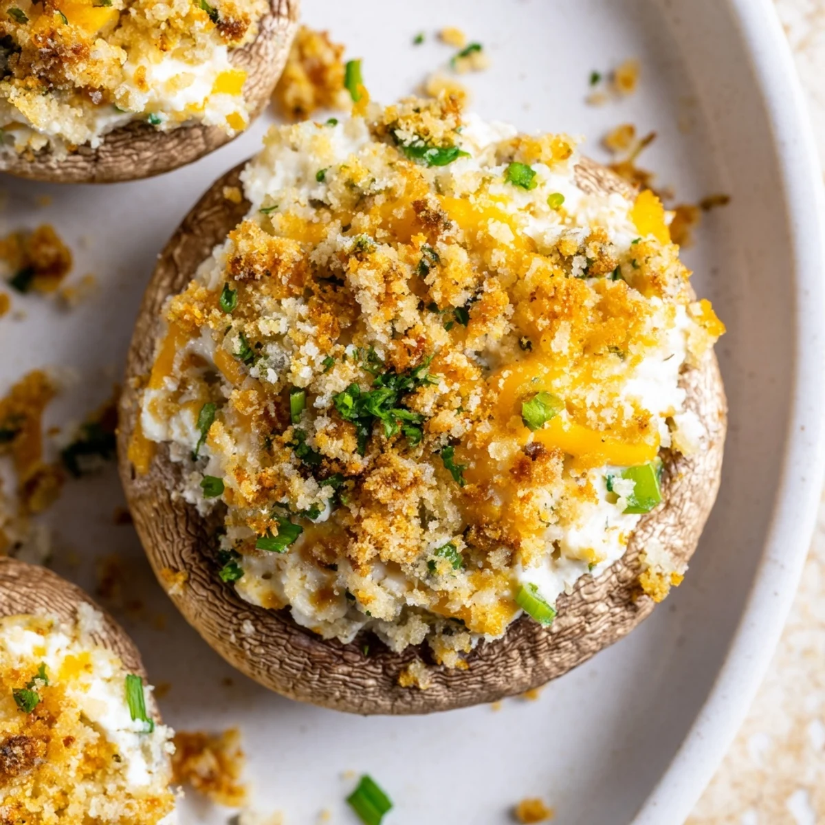 Golden Mozzarella Popper Stuffed Mushrooms with cheddar and spices on a plate, garnished with parsley.