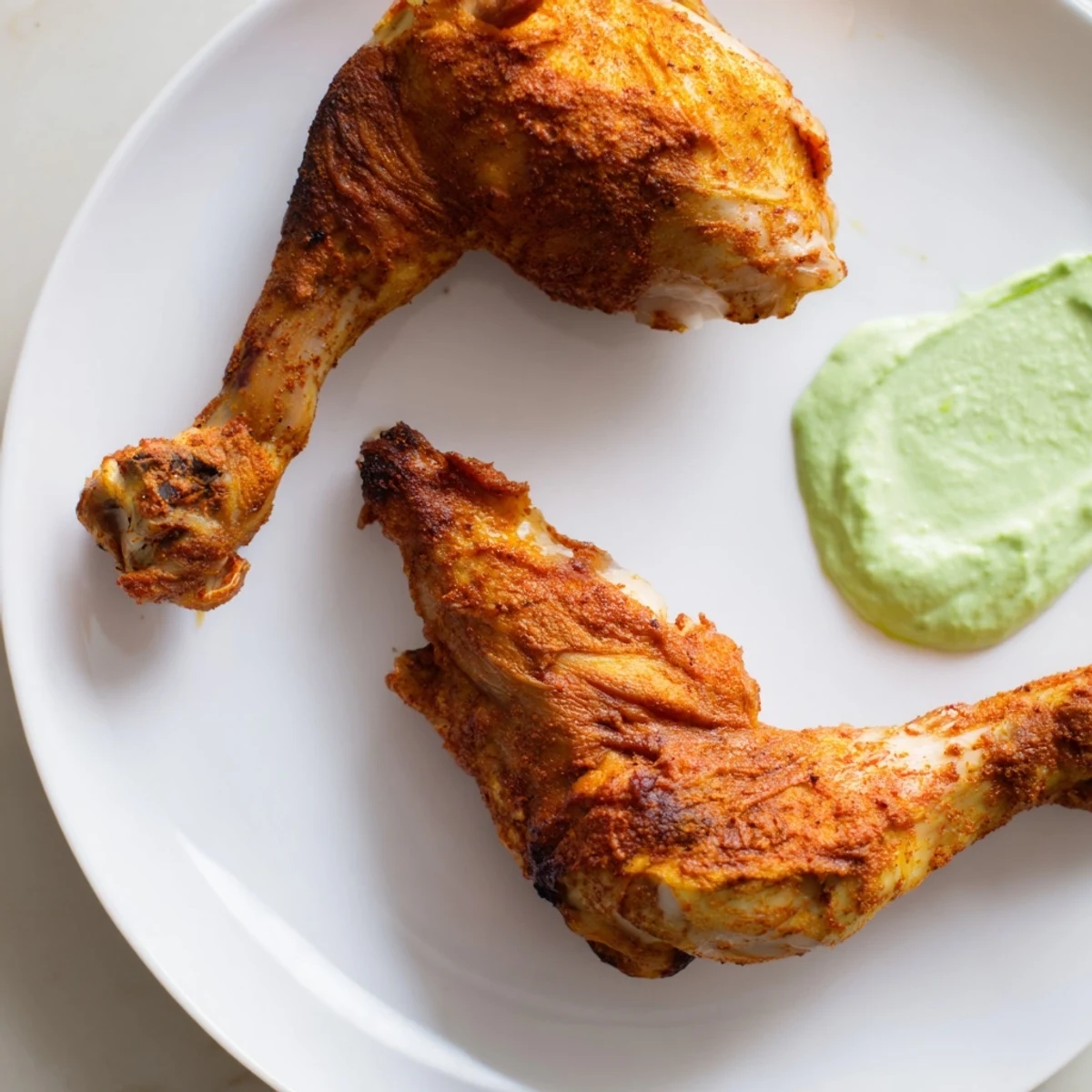 Sliced Peruvian Roast Chicken with Creamy Green Sauce served with roasted potatoes, showing tender meat and creamy cilantro sauce for dipping.