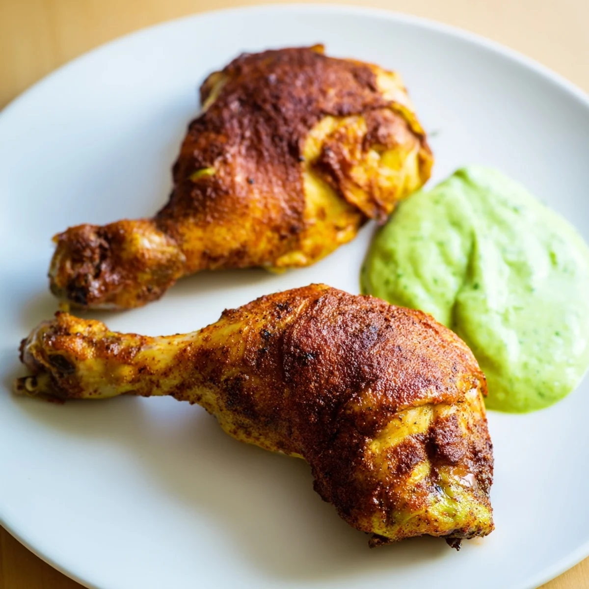 Golden crispy skin on the Peruvian Roast Chicken with Creamy Green Sauce highlights the spice crust and herby green sauce alongside.