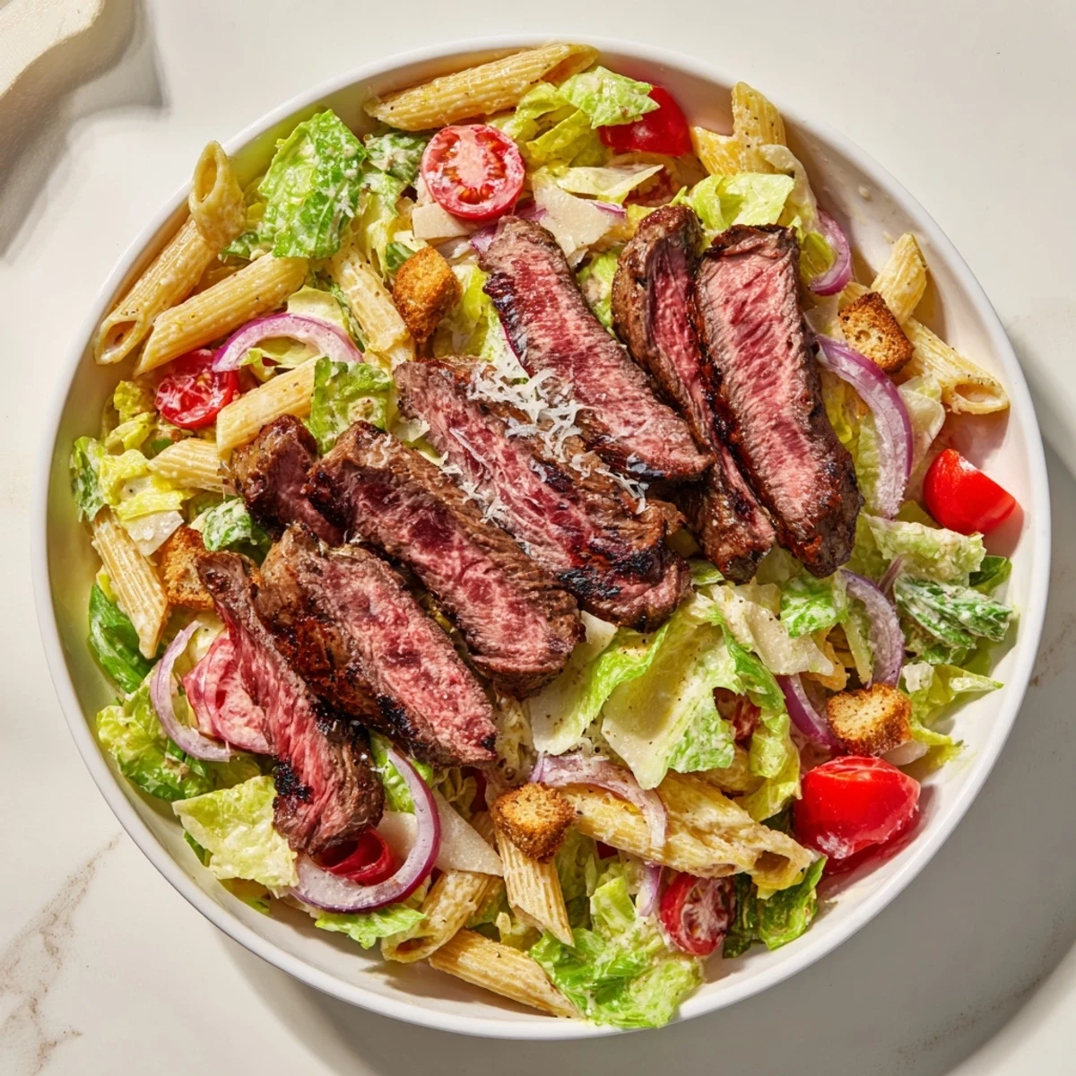 A close-up shows creamy Caesar dressing drizzled over Flavorful Steak Caesar Pasta Salad with shaved Parmesan and al dente pasta.