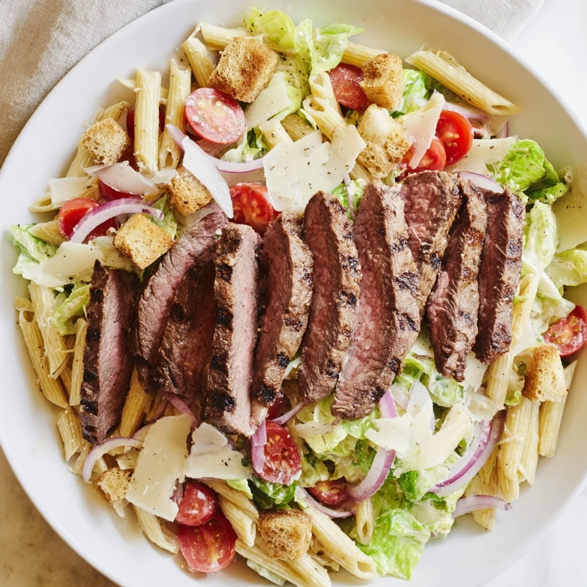 Plated Flavorful Steak Caesar Pasta Salad featuring juicy steak, crisp lettuce, and tangy dressing for a hearty American main dish.