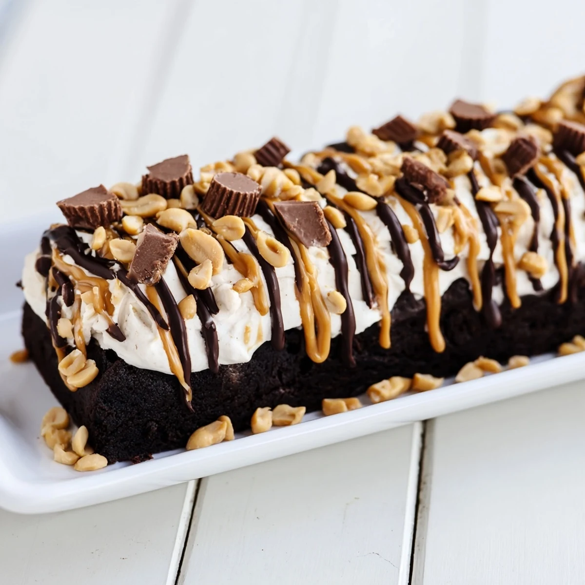 Freshly baked Chocolate Peanut Butter Poke Cake shows moist chocolate sponge soaked with creamy peanut butter pudding and drizzled with rich chocolate sauce.
