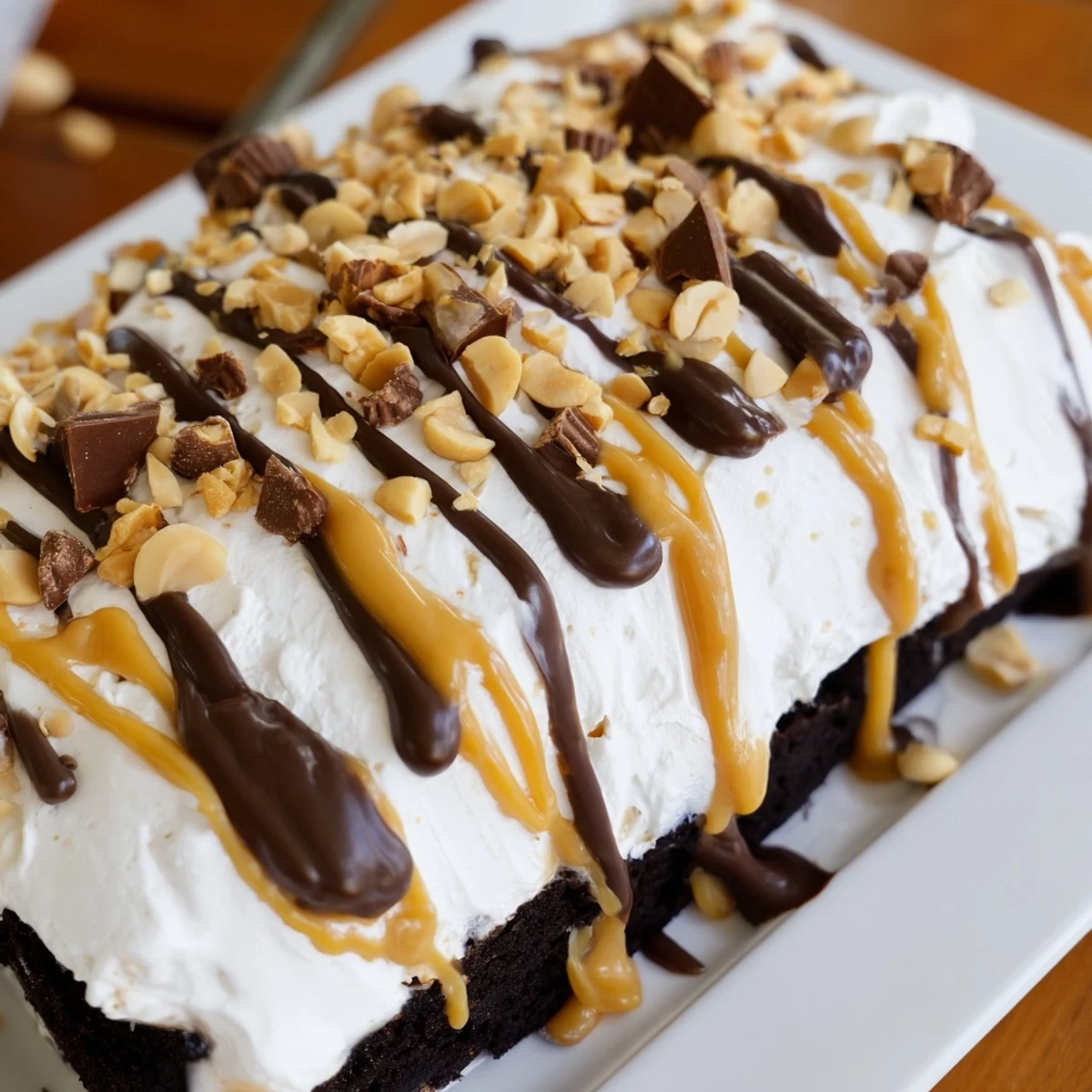 Slices of Chocolate Peanut Butter Poke Cake on a white plate, topped with fluffy whipped cream, chopped peanuts, and mini peanut butter cups.