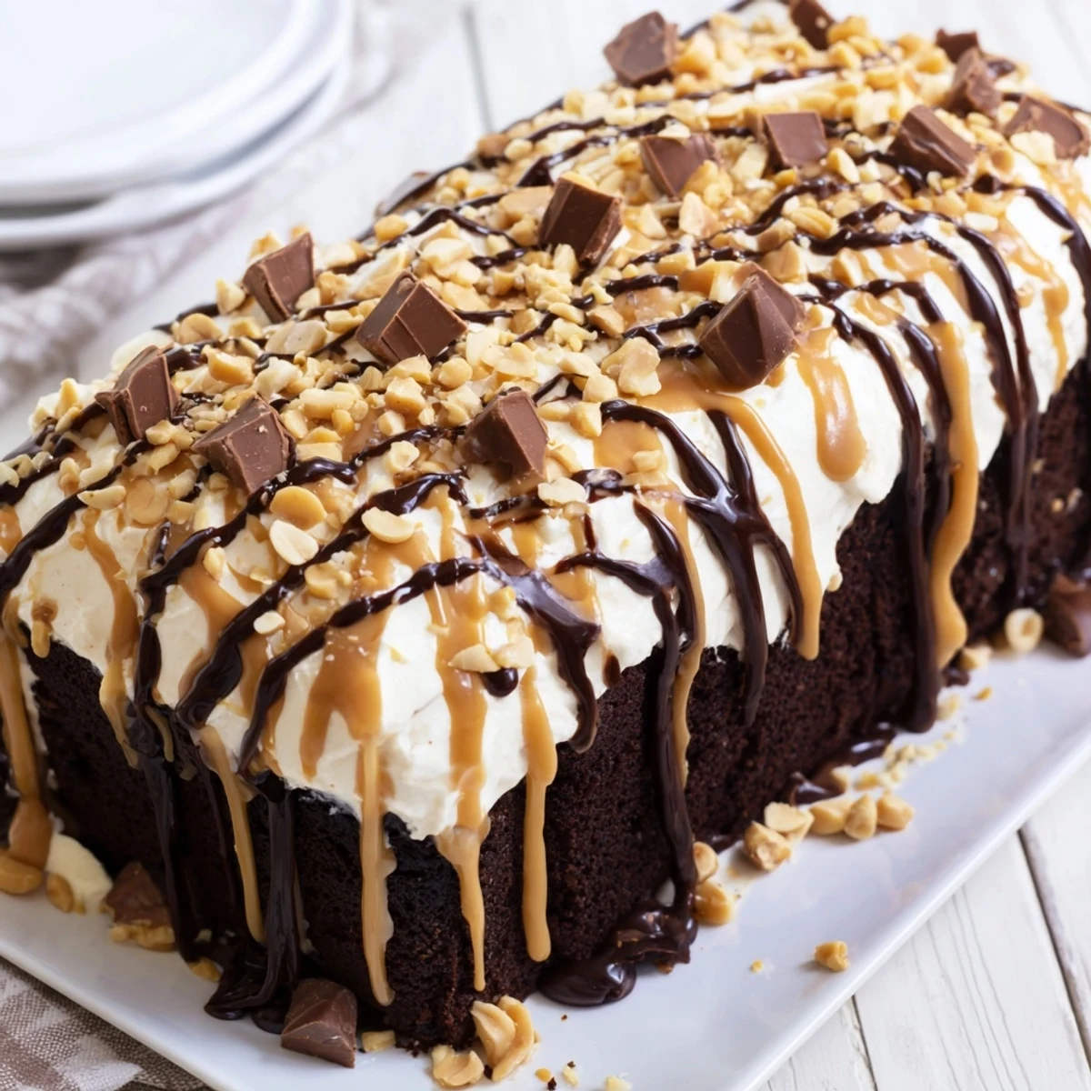 A close-up view of Chocolate Peanut Butter Poke Cake reveals glossy chocolate drizzle and peanut butter filling pooling in the poked holes.