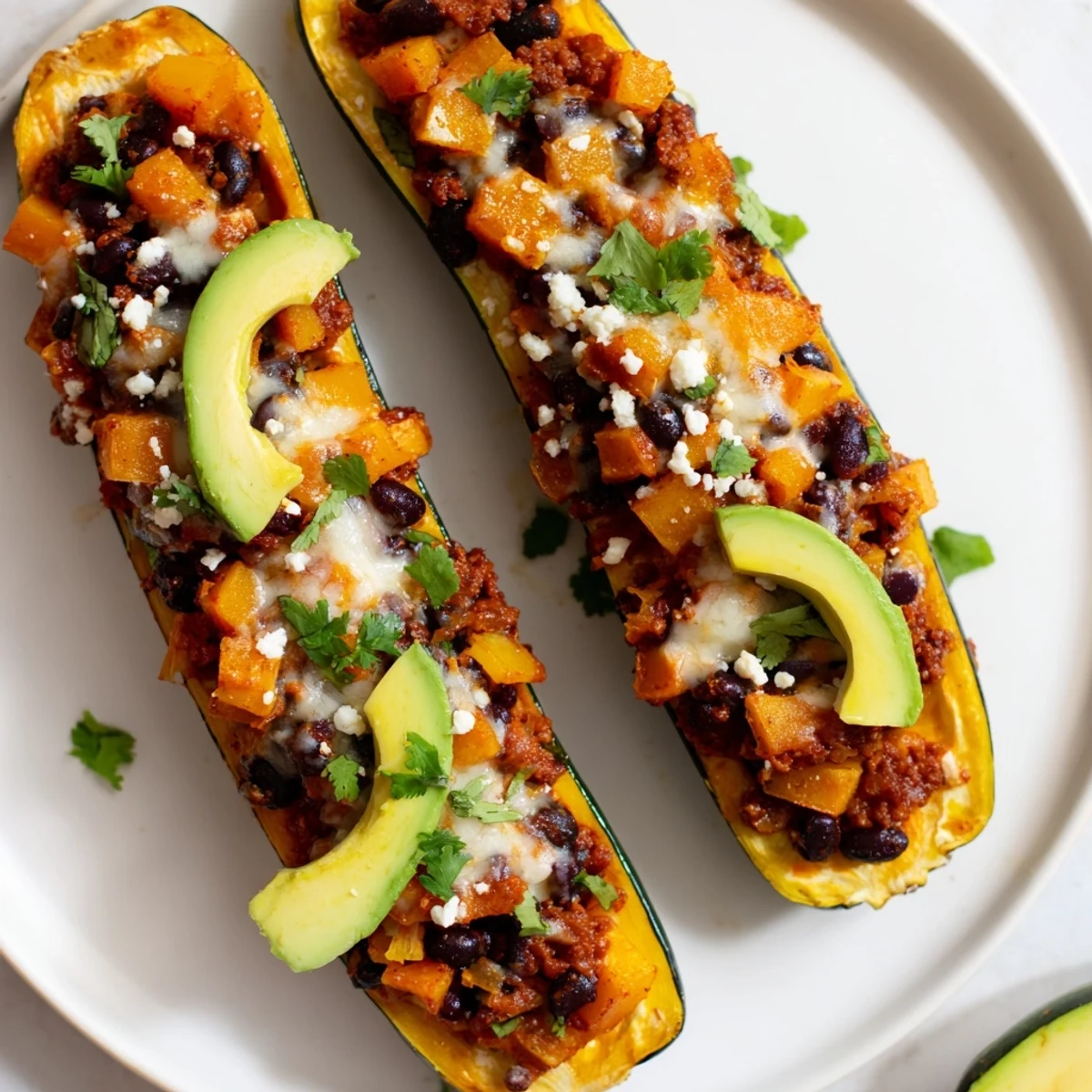 A close-up of cheesy Black Bean and Butternut Squash Enchilada Boats garnished with fresh cilantro and ripe avocado slices.