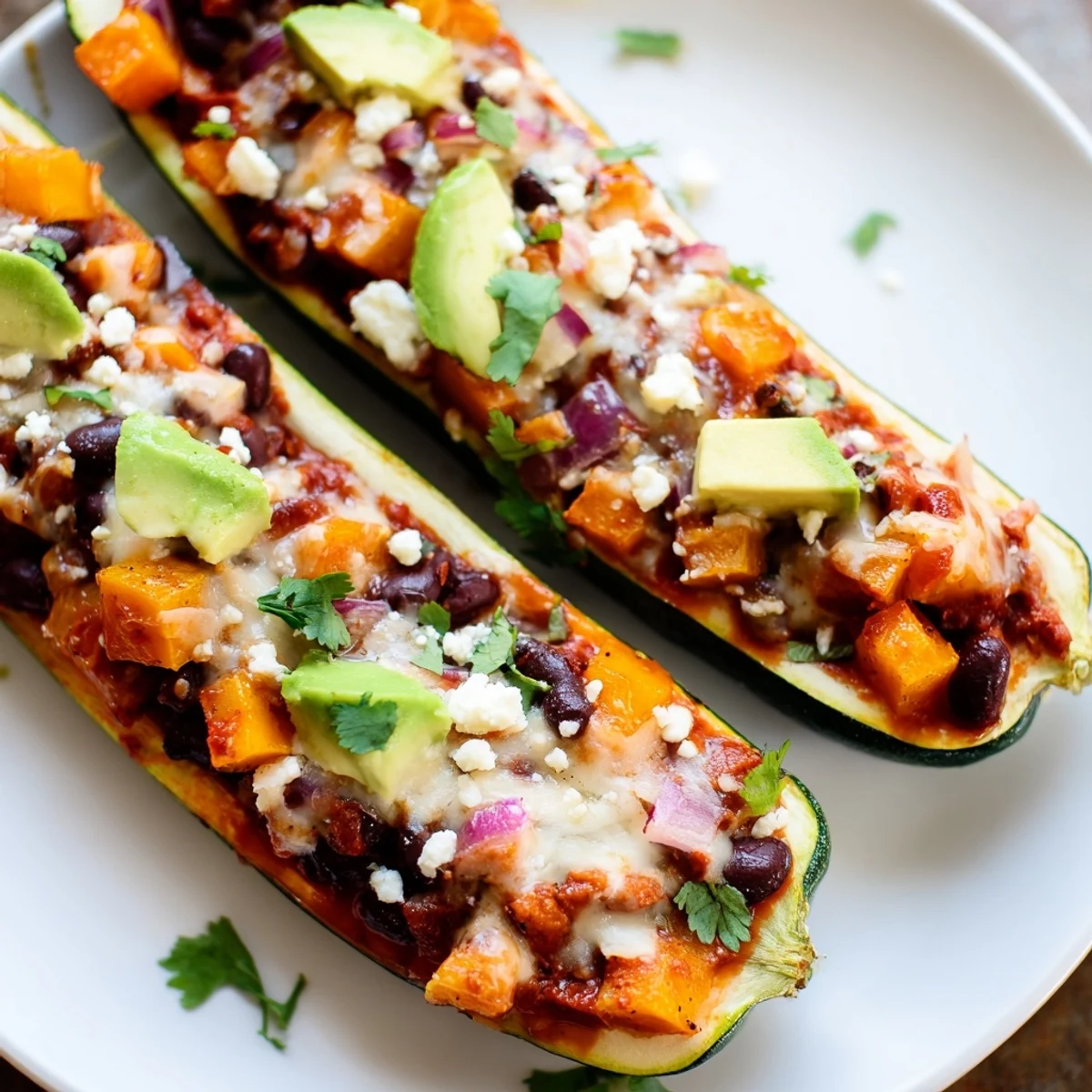 Roasted zucchini boats filled with black beans and butternut squash, topped with red enchilada sauce and melted Monterey Jack cheese.