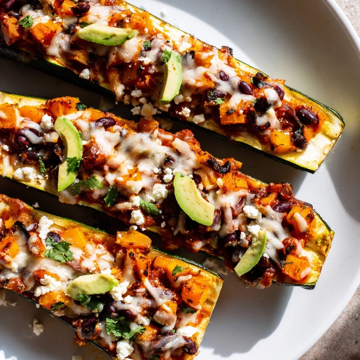 Black Bean and Butternut Squash Enchilada Boats served hot with lime wedges on a rustic wooden table for a vegetarian dinner.
