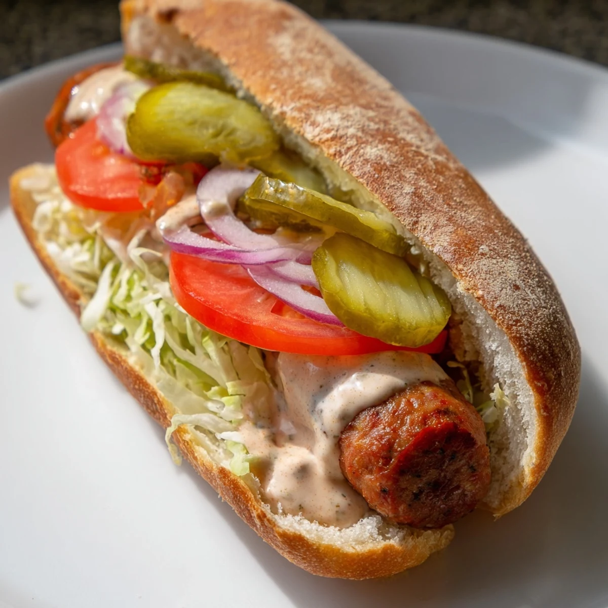 Grilled Cajun Beef Sausage Po Boy Sandwiches displayed on a rustic wooden board with toasted baguette halves.