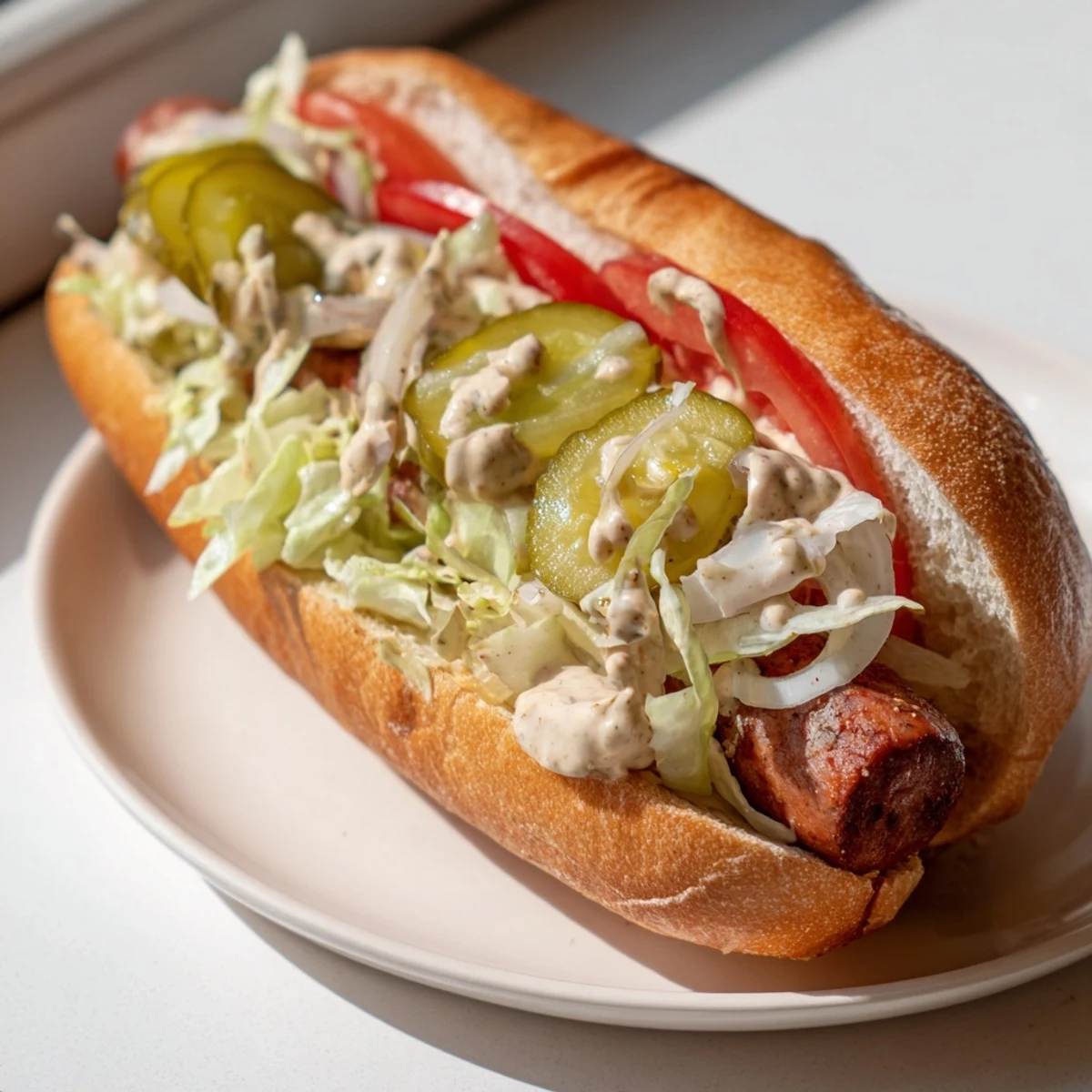 A close-up of a Grilled Cajun Beef Sausage Po Boy Sandwich stacked high with lettuce and pickles.