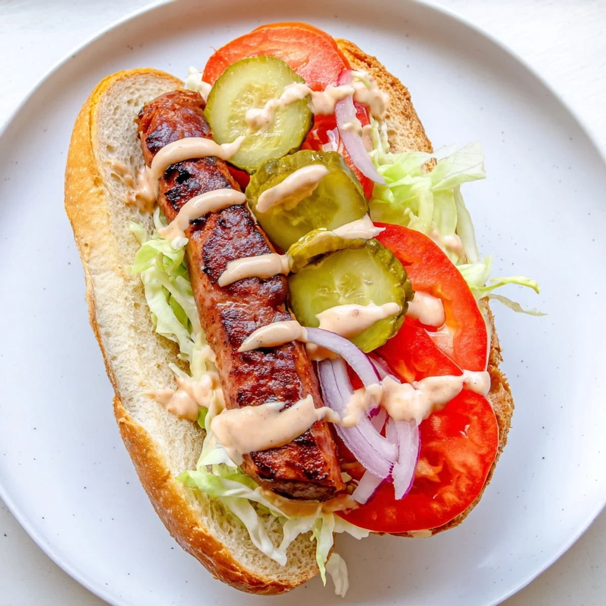 The Grilled Cajun Beef Sausage Po Boy Sandwich cut in half to reveal juicy sausage and creamy remoulade.