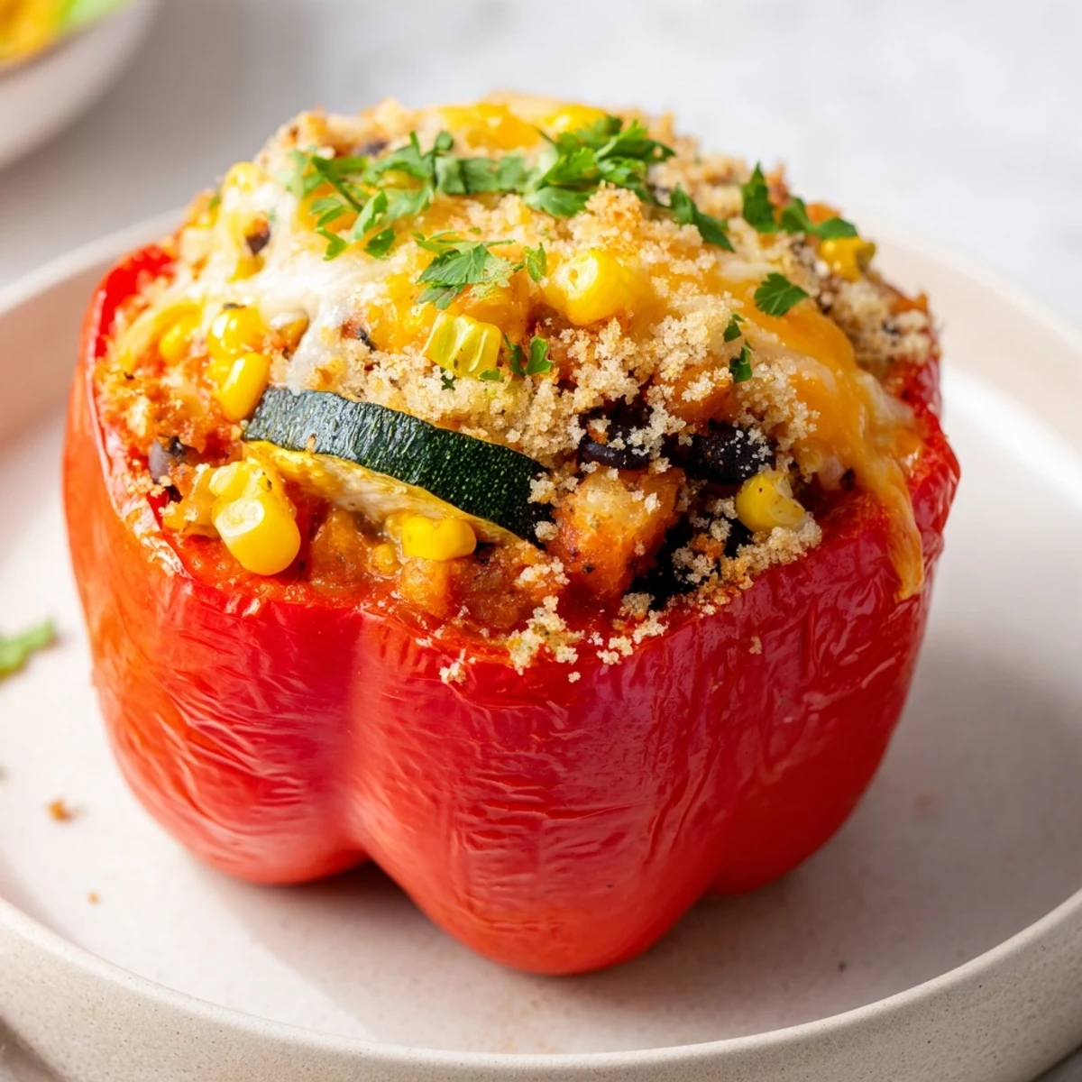 Roasted colorful bell peppers stuffed with zesty Cajun potato filling, topped with melted cheese and parsley.