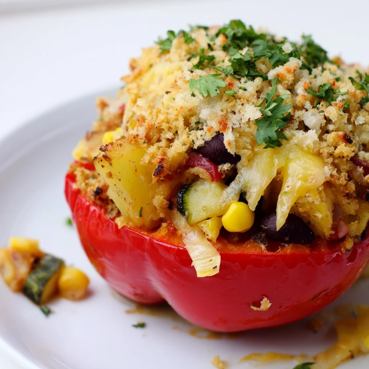 Cajun Potato Stuffed Bell Peppers served warm from the oven, golden and bubbling beside a fresh salad.