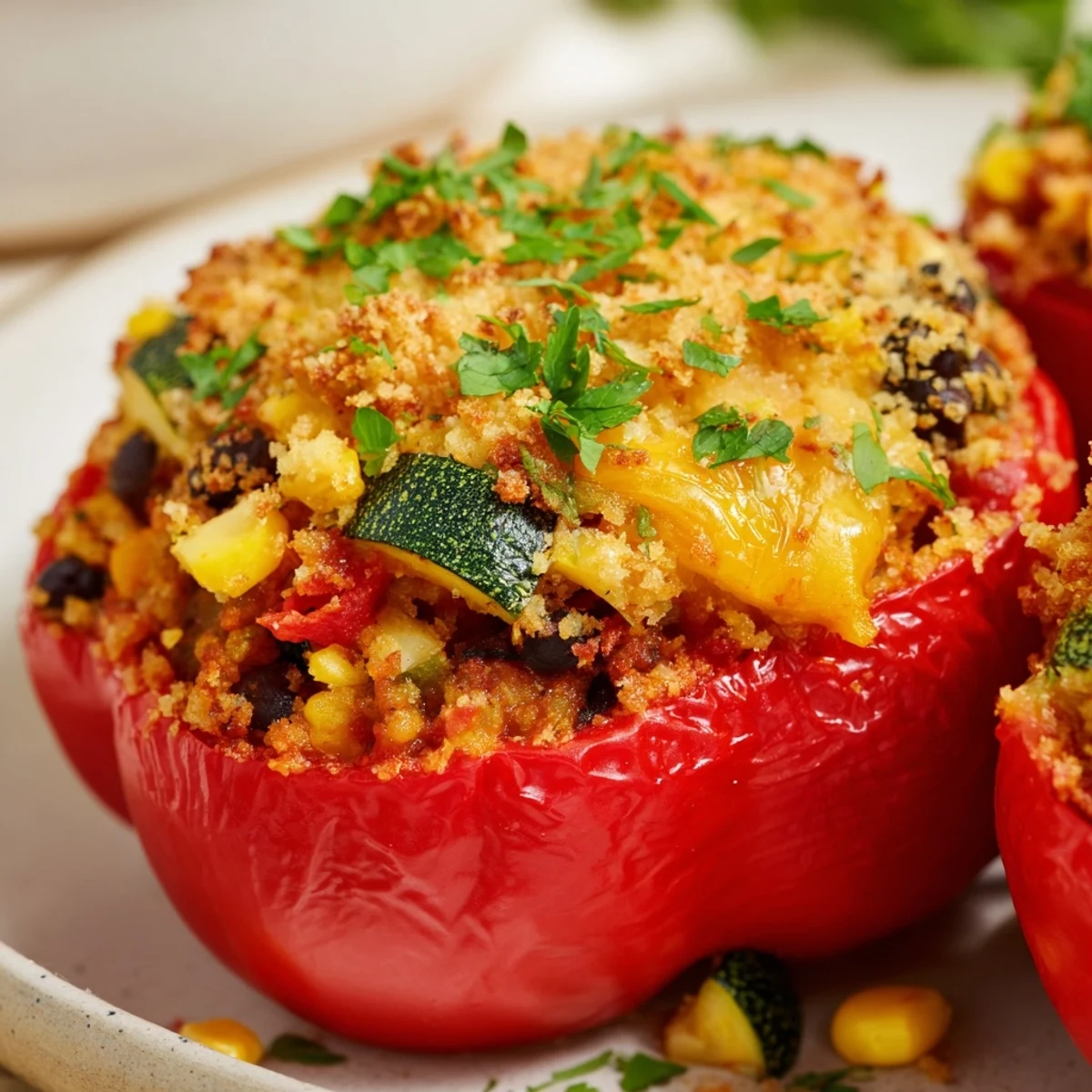 A close-up of Cajun Potato Stuffed Bell Peppers with tender peppers and hearty potato vegetable filling.