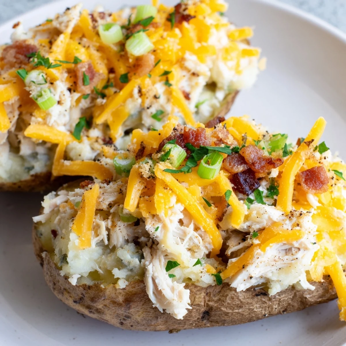 Golden-brown twice-baked potatoes stuffed with creamy chicken filling, topped with melted cheddar and fresh parsley on a rustic plate.