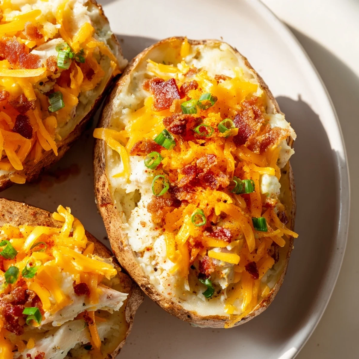 Close-up of mud chicken stuffed twice baked potatoes showing the savory chicken and potato filling inside the crispy russet shell.