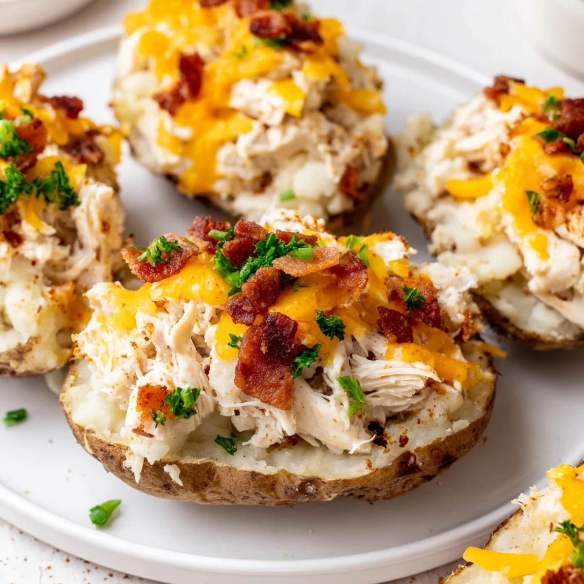 Hearty gluten-free mud chicken stuffed twice baked potatoes served hot with melted cheese and a sprinkle of green onions.