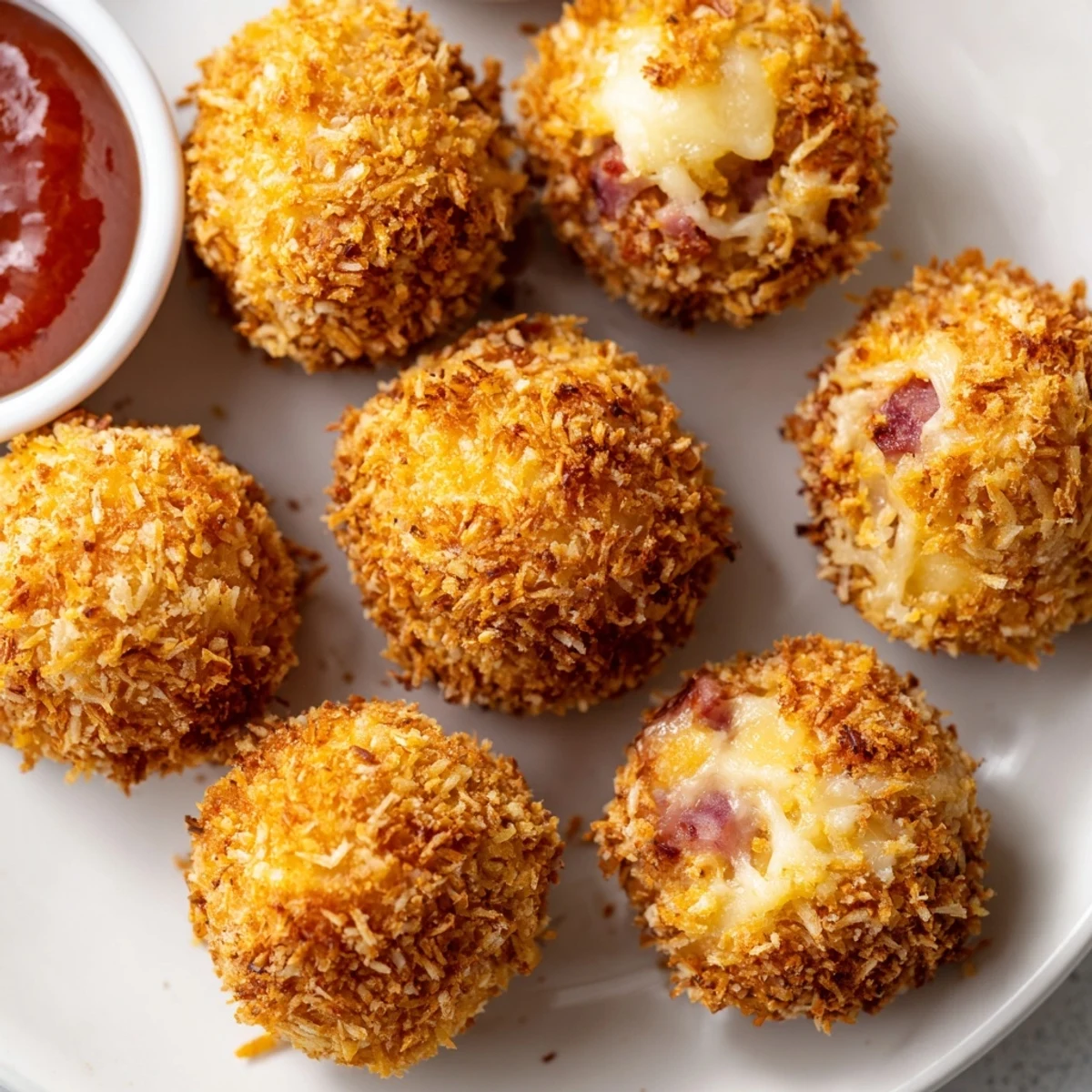 Golden-brown crispy Reuben balls with Spicy Thousand Island dipping sauce on a rustic plate.