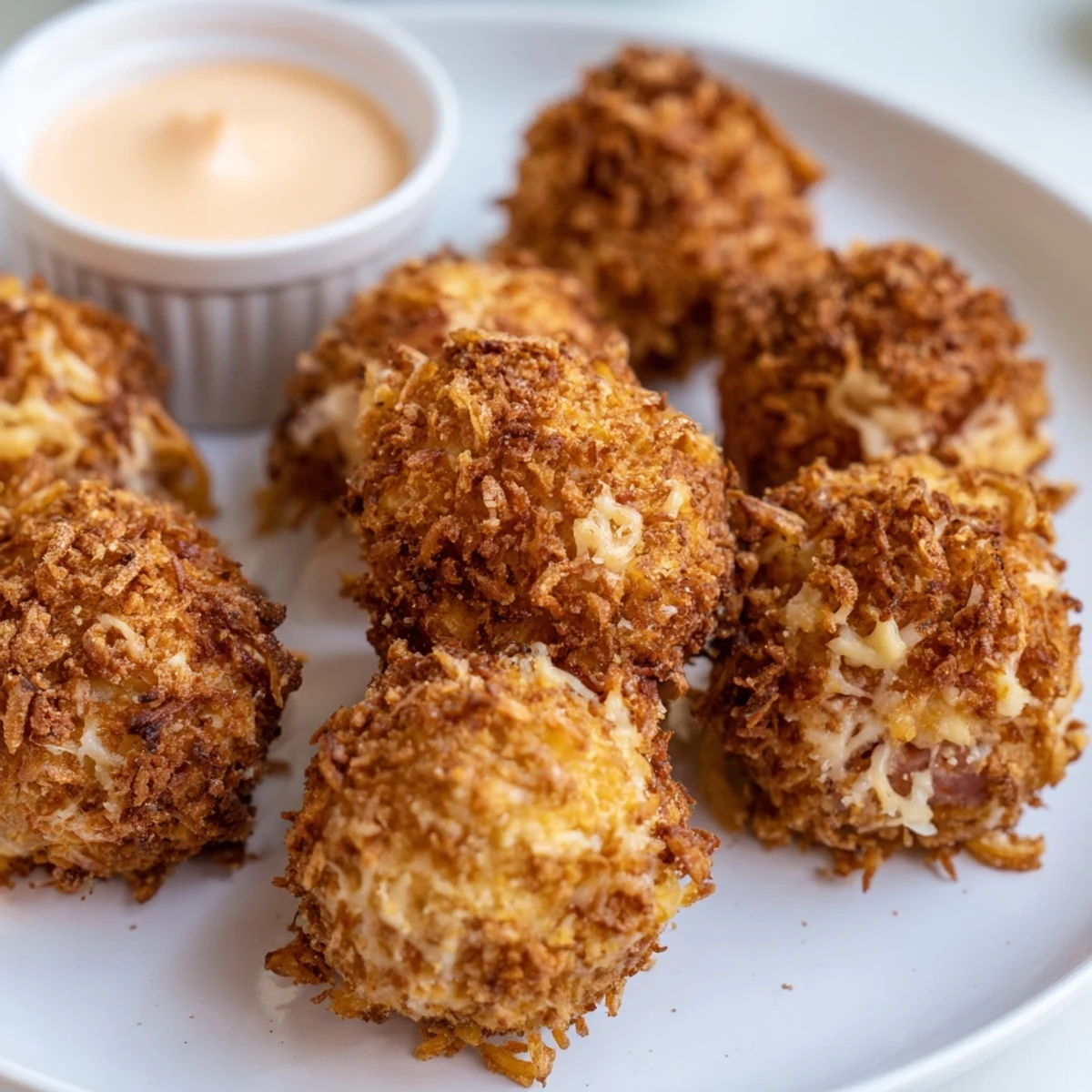 Reuben balls with Spicy Thousand Island sauce offer crispy texture and creamy tangy flavor.