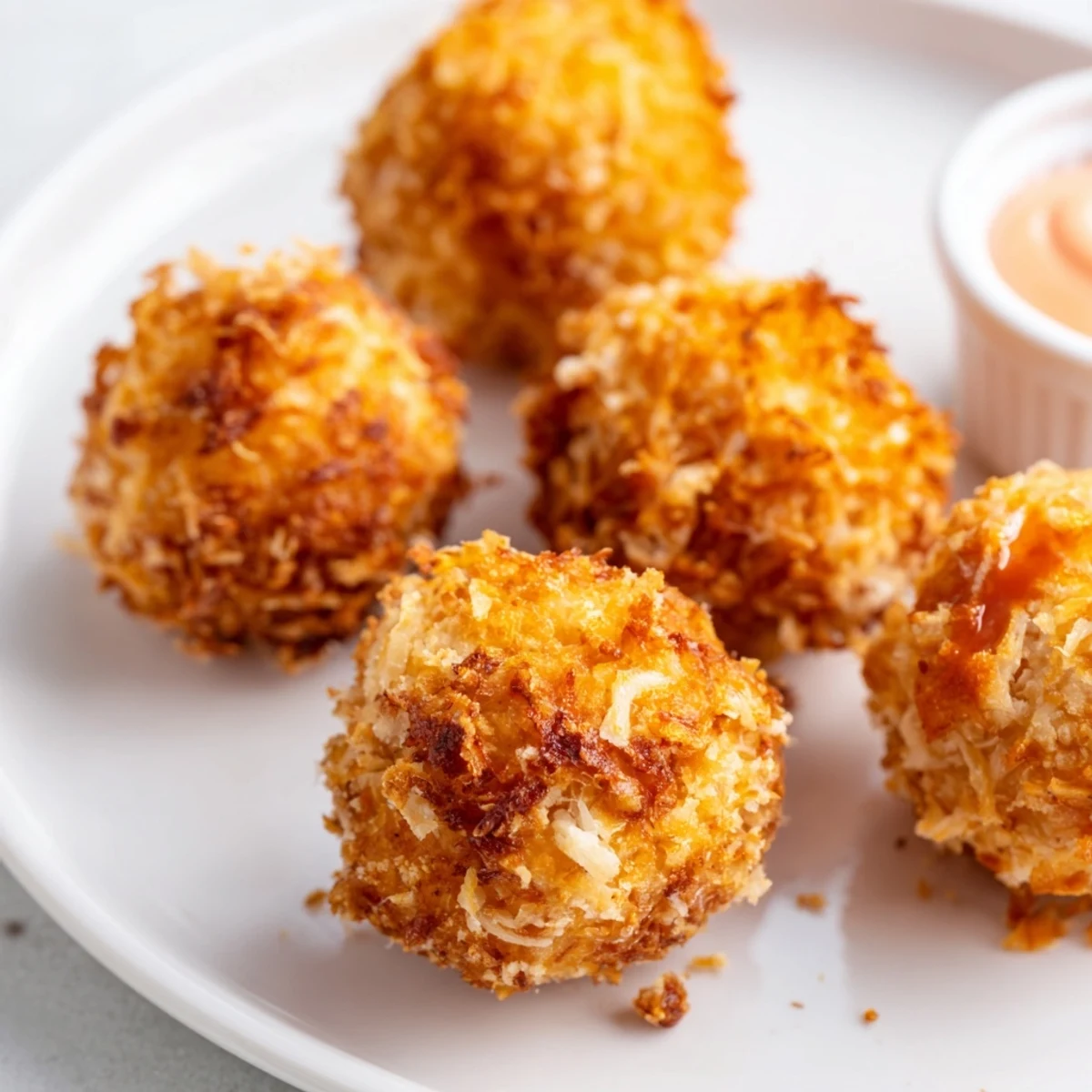 Freshly fried Reuben balls with Spicy Thousand Island sauce served warm for appetizer enjoyment.
