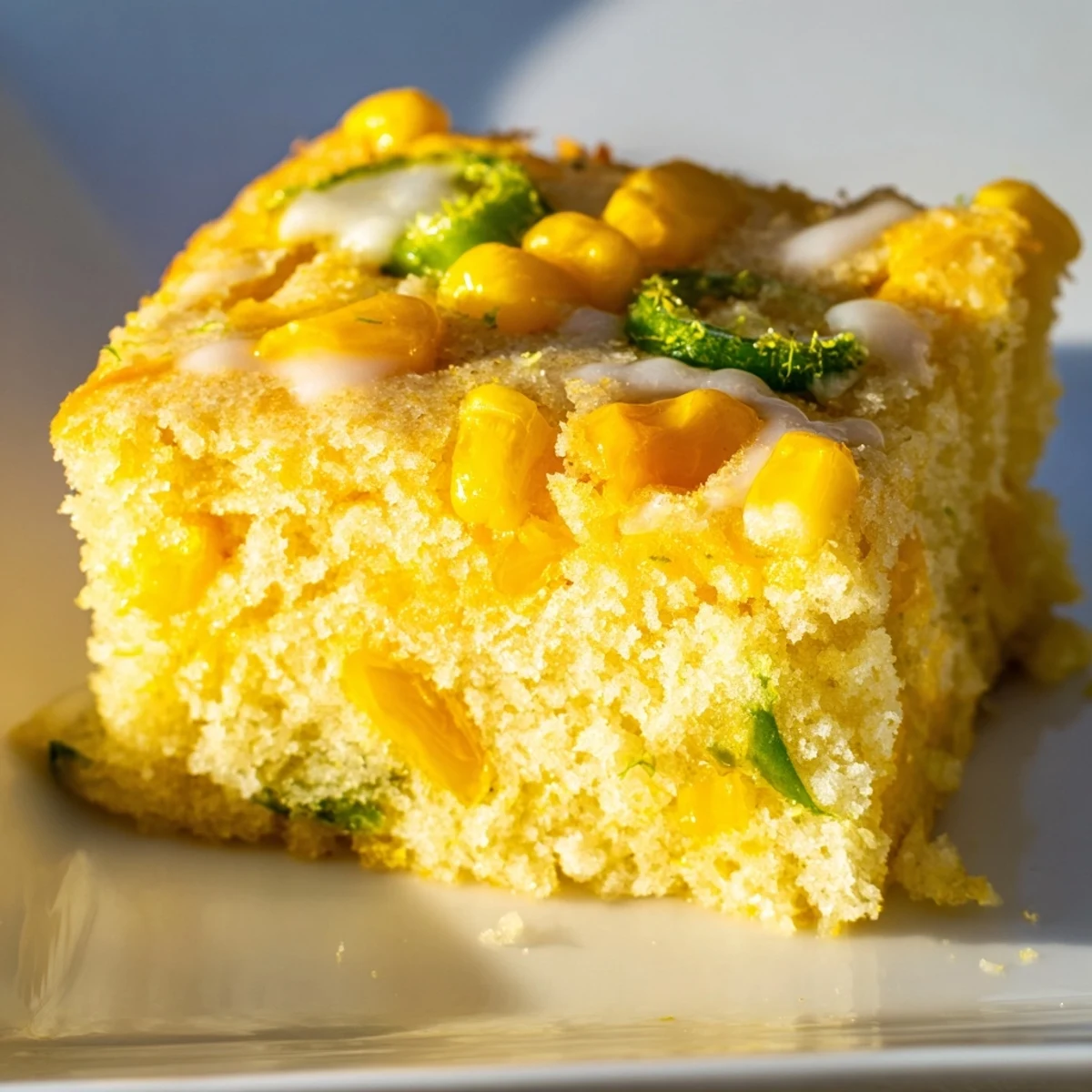 Moist golden Spicy Sweet Jalapeño Cornbread with Zesty Lime Drizzle cut into squares on a wooden board, drizzle glistening.