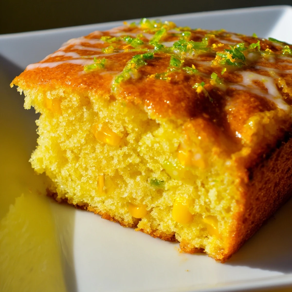 A close-up of warm Spicy Sweet Jalapeño Cornbread with Zesty Lime Drizzle topped with fresh jalapeño slices and lime zest.